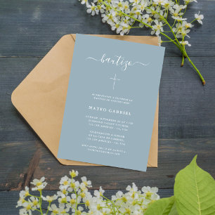 Minimalist Script Dusty Blue Spanish Bautizo Hijo Invitation