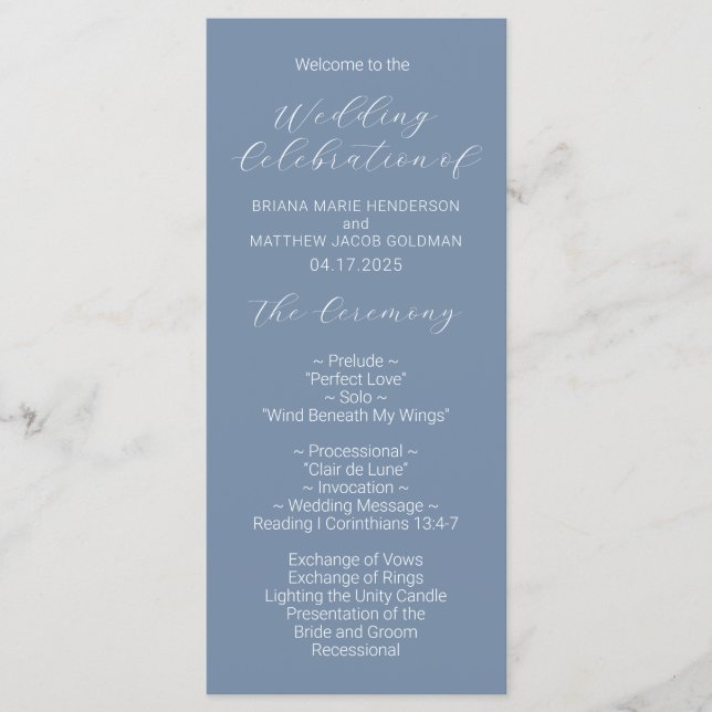 Minimalist Script Dusty Blue Wedding Program Programme (Front)