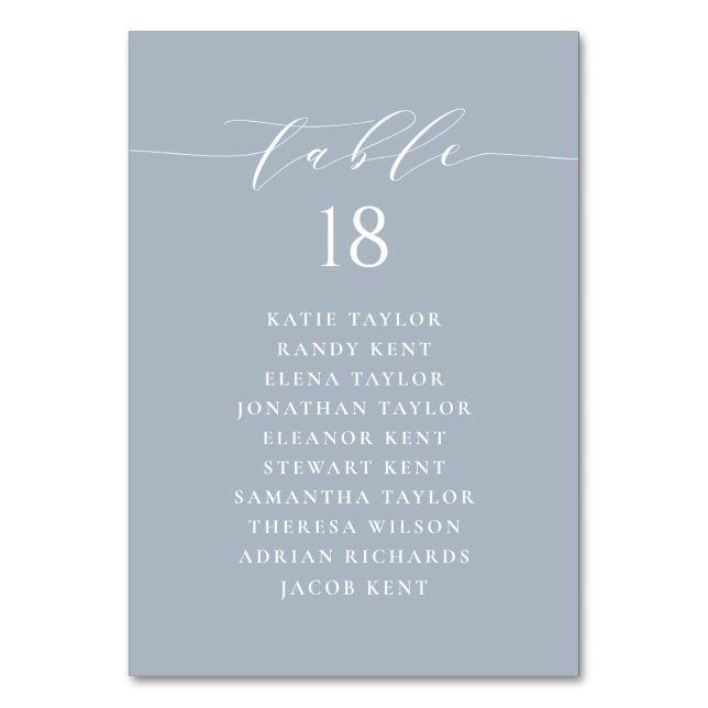 Minimalist Script Dusty Blue Wedding Seating Plan Table Number (Front)