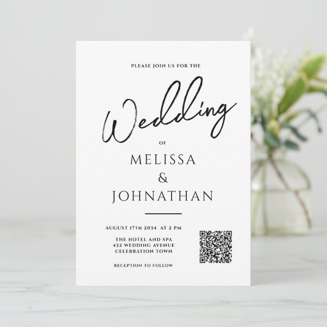 Minimalist Script Elegant QR Code Photo Wedding Invitation (Standing Front)