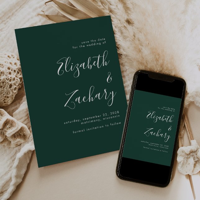 Minimalist Script Emerald Green Save the Date Announcement (Creator Uploaded)