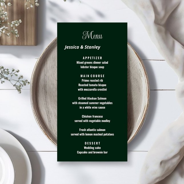 Minimalist script emerald green wedding reception menu (Creator Uploaded)