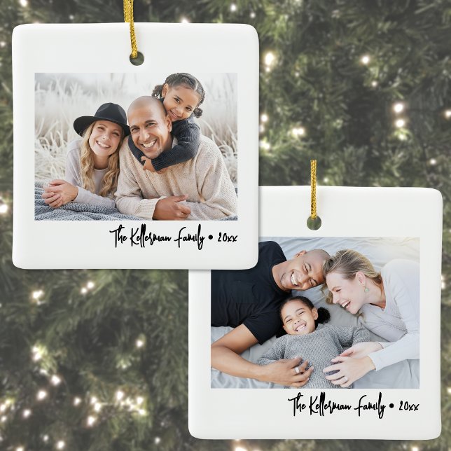 Minimalist Script Family Photo Ceramic Ornament (Custom Double Sided Family Two Photo Christmas Ceramic Ornament)