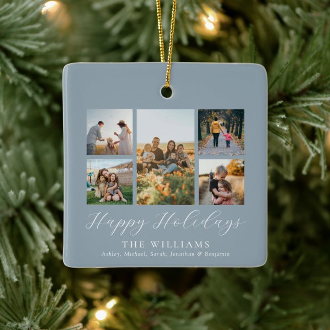 Minimalist Script Family Photo Collage Ceramic Ornament (Tree)