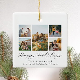 Minimalist Script Family Photo Collage Ceramic Ornament