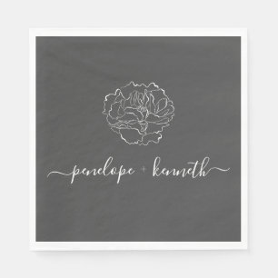 Minimalist Script Flower Black and White Wedding Napkin