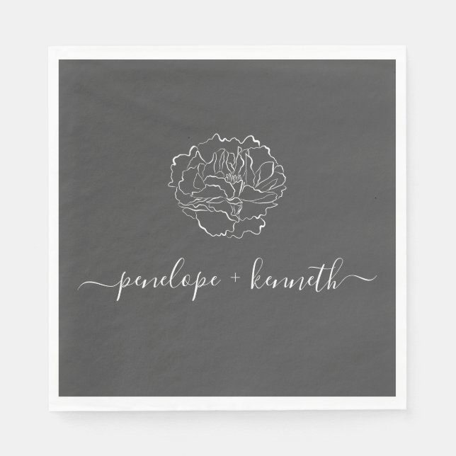 Minimalist Script Flower Black and White Wedding Napkin (Front)