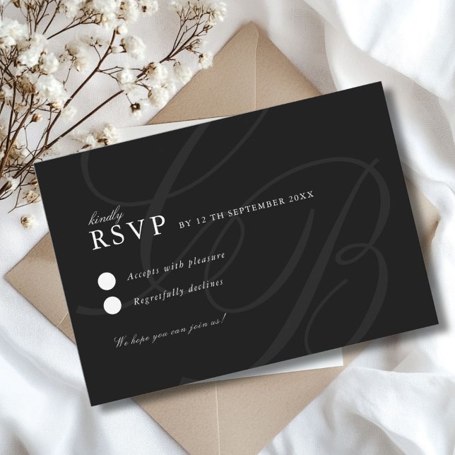 Minimalist Script Font Monogram | Elegant Wedding RSVP Card (Minimalist Script Font Monogram | Elegant Black Wedding RSVP Card)