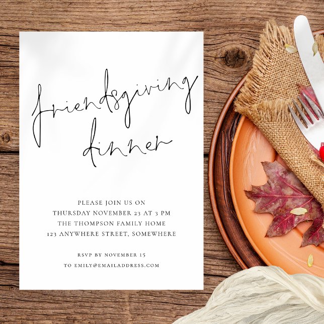 Minimalist Script Friendsgiving Dinner Black White Invitation (Available digitally and printed)