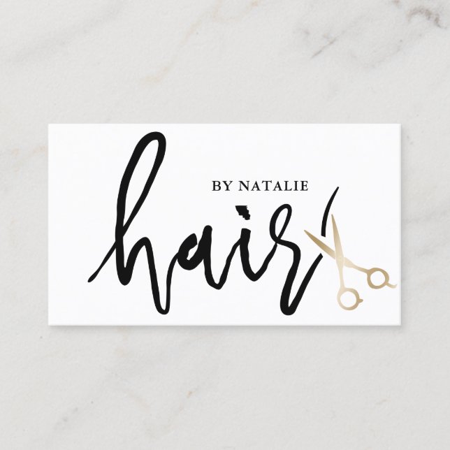 Minimalist Script Gold Scissor Hair Stylist Salon Business Card (Front)