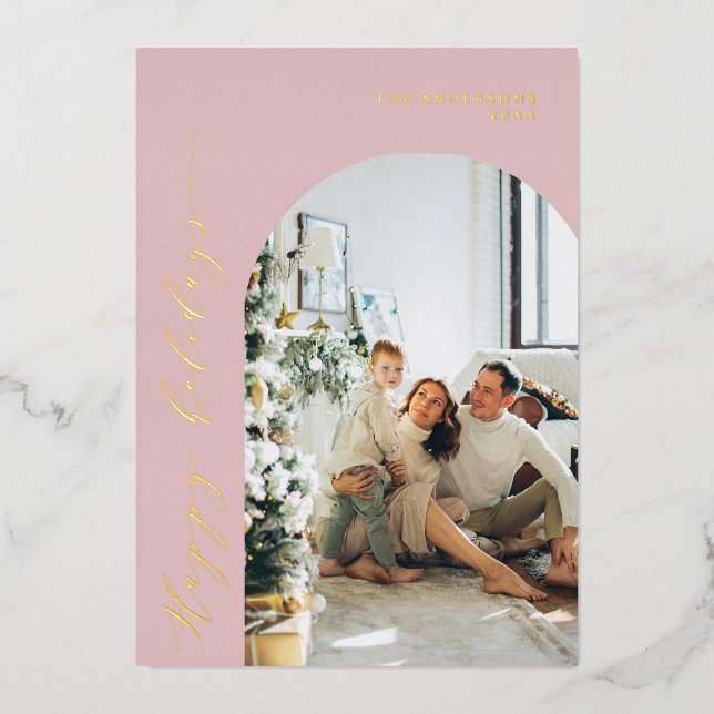 Minimalist Script Happy Holidays Photo Dusty Pink Foil Holiday Card (Front)