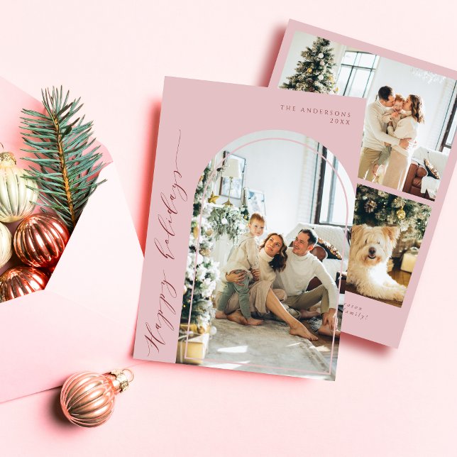 Minimalist Script Happy Holidays Photo Dusty Pink Holiday Card (Creator Uploaded)