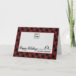 Minimalist script Happy Holidays plaid logo Holiday Card