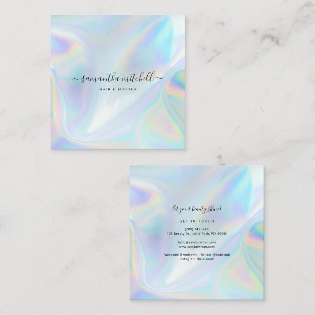 Minimalist Script Holographic Beautician Makeup Square Business Card (Front/Back)