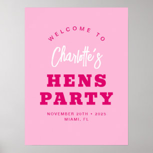 Minimalist Script Hot Pink Hens Party Welcome Poster