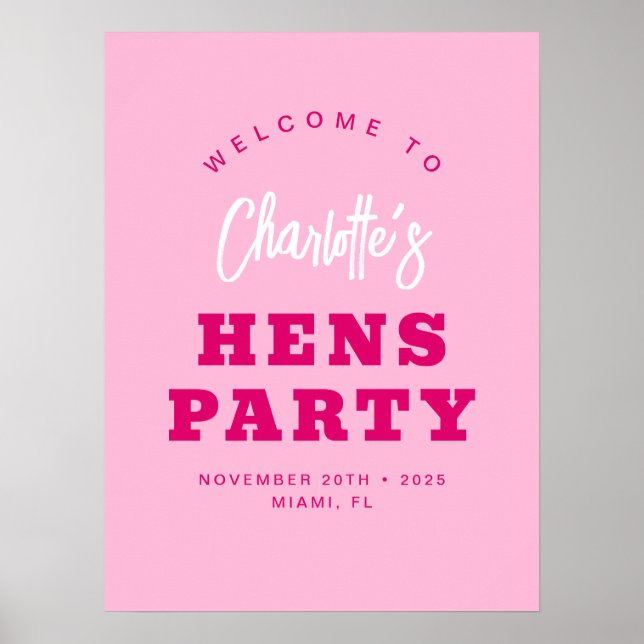 Minimalist Script Hot Pink Hens Party Welcome Poster (Front)