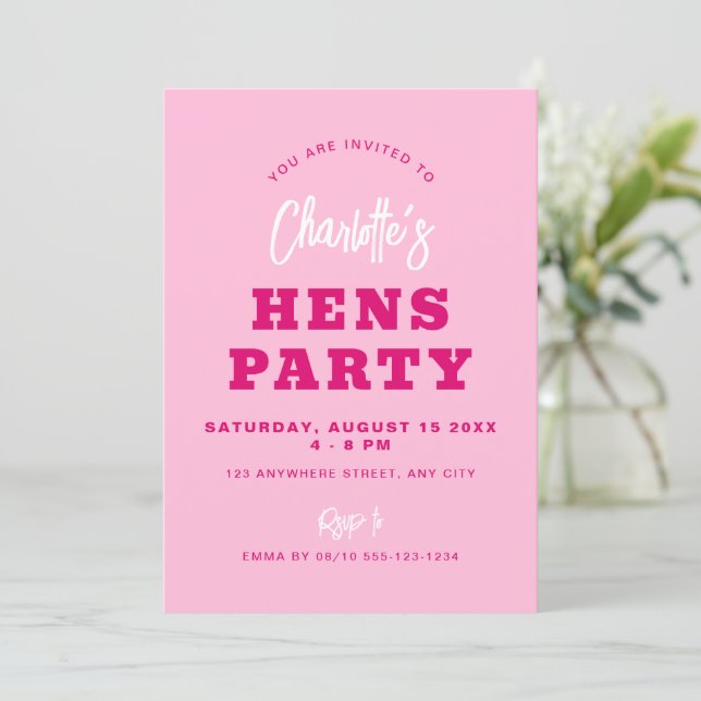 Minimalist Script Hot Pink Modern Hens Party Invitation (Standing Front)