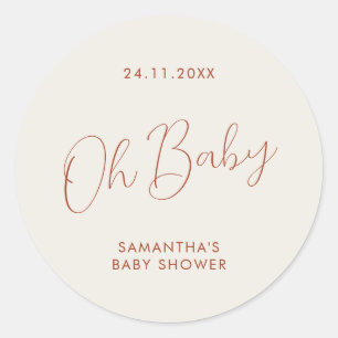Minimalist Script ivory Oh Baby Shower Classic Round Sticker