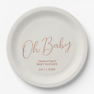 Minimalist Script ivory Oh Baby Shower date Paper Plate