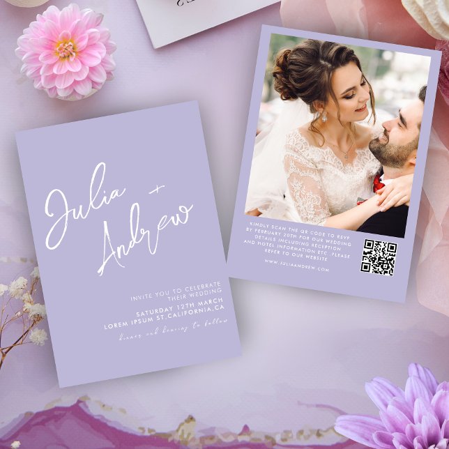 Minimalist script lavender QR Code Photo Wedding  Invitation (Creator Uploaded)