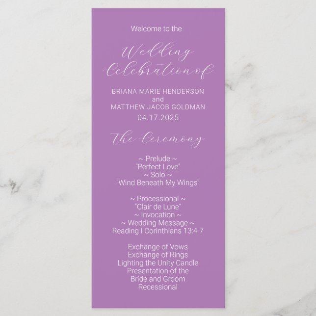 Minimalist Script Lavender Wedding Program Programme (Front)