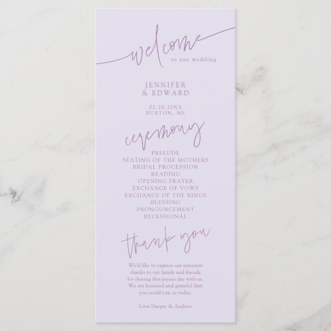 Minimalist Script Lilac Wedding Ceremony Program Programme (Front)