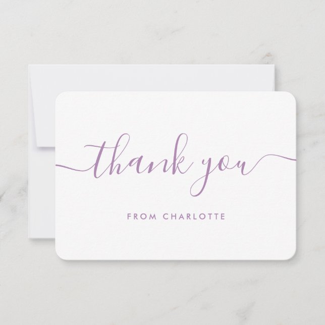 Minimalist Script Lilac Wedding Shower Birthday Thank You Card (Front)