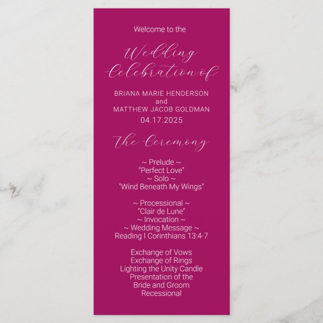 Minimalist Script Magenta Wedding Program Programme (Front)