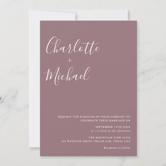 Minimalist Script Mauve Photo Wedding Invitation (Front)
