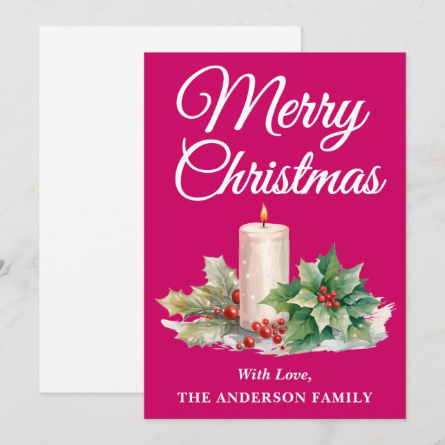 Minimalist Script Merry Christmas Magenta Holiday Card (Front/Back)