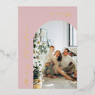 Minimalist Script Merry Christmas Photo Dusty Pink Foil Holiday Card