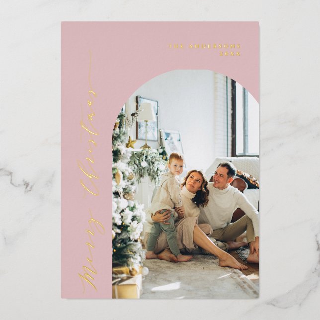 Minimalist Script Merry Christmas Photo Dusty Pink Foil Holiday Card (Front)