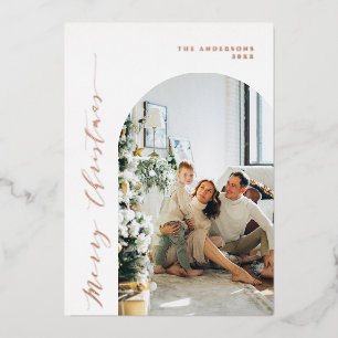 Minimalist Script Merry Christmas Photo Dusty Rose Foil Holiday Card