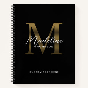 Minimalist Script Metallic Black Gold Monogram Notebook