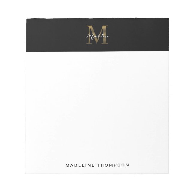 Minimalist Script Metallic Black Gold Monogram Notepad (Front)
