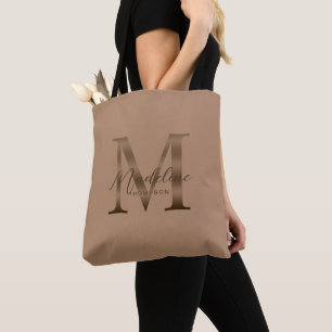 Minimalist Script Metallic Taupe Gold Monogram Tote Bag