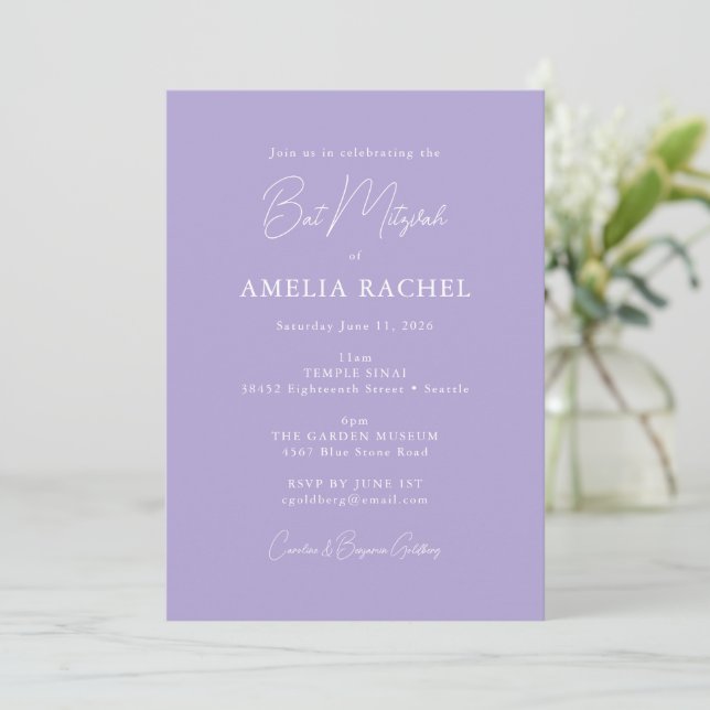 Minimalist Script Modern Bat Mitzvah Lavender Cute Invitation (Standing Front)