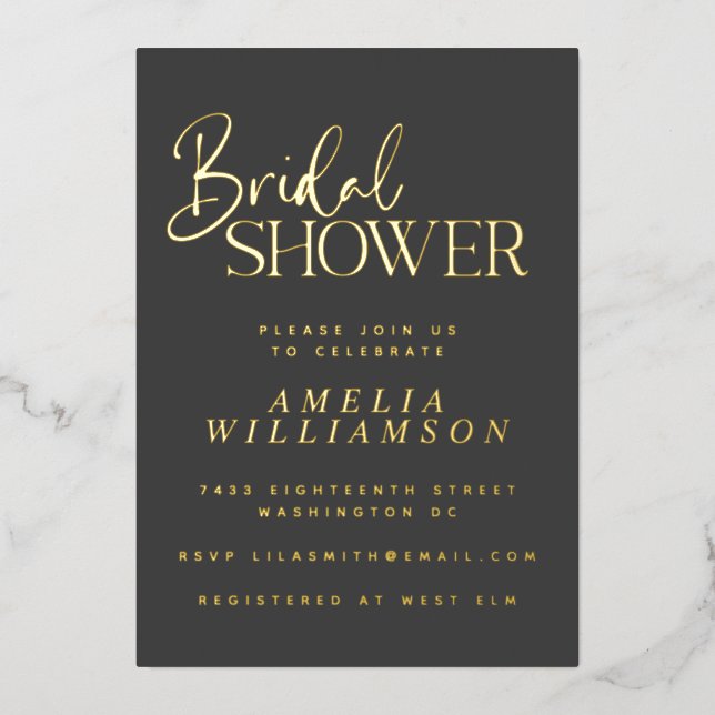 Minimalist Script Modern Black Gold Bridal Shower (Front)