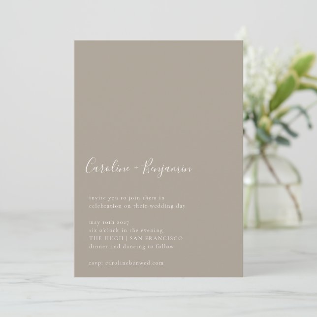 Minimalist Script Modern Boho Taupe Brown Wedding Invitation (Standing Front)