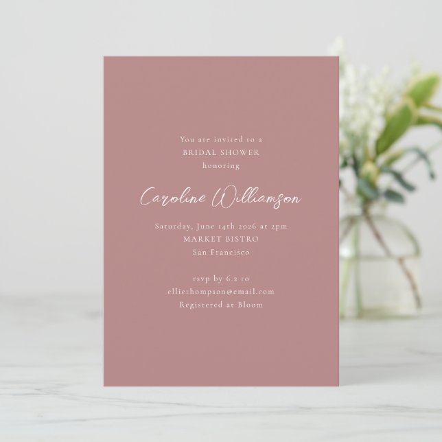 Minimalist Script Modern Dusty Rose Bridal Shower Invitation (Standing Front)