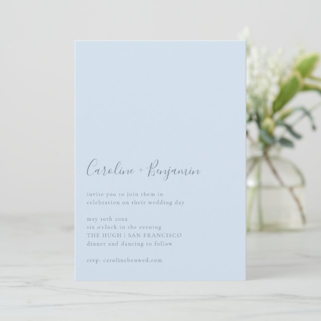 Minimalist Script Modern Simple Soft Blue Wedding Invitation (Standing Front)