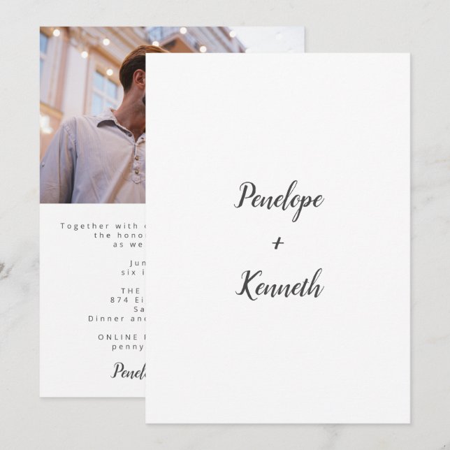 Minimalist Script Modern Wedding Black White Photo Invitation (Front/Back)
