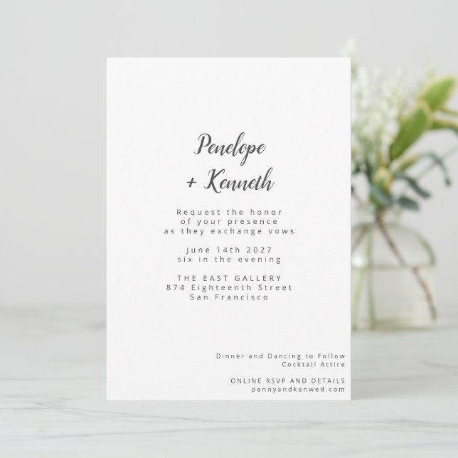 Minimalist Script Modern Wedding Classic White Invitation (Standing Front)