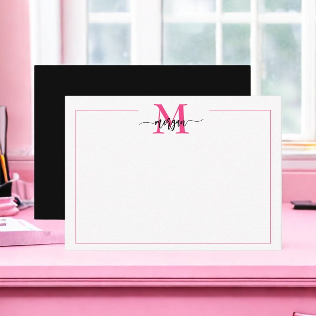 Minimalist Script Monogram Border Hot Pink Black Card (Creator Uploaded)