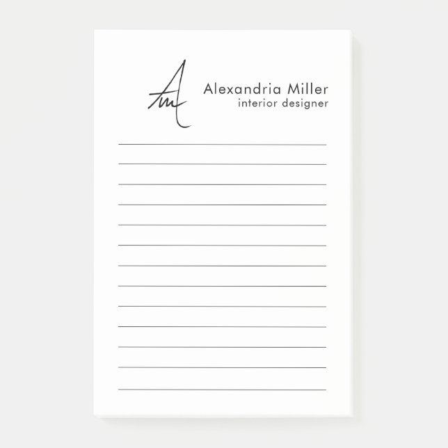 Minimalist Script Monogram Lined Post-it Notes (Front)