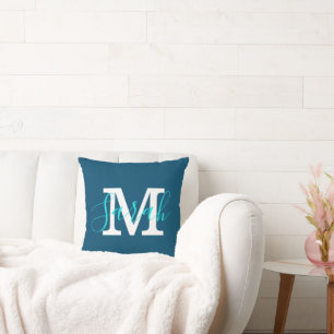Minimalist Script Monogram Name Blue & Teal Cushion