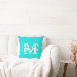 Minimalist Script Monogram Name Bright Teal Cushion
