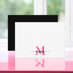 Minimalist Script Monogram Name Hot Pink Black Card