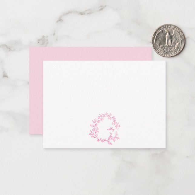 Minimalist Script Monogram Name Hot Pink Note Card (Front/Back In Situ)
