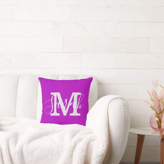 Minimalist Script Monogram Name Neon Purple Cushion (Couch)